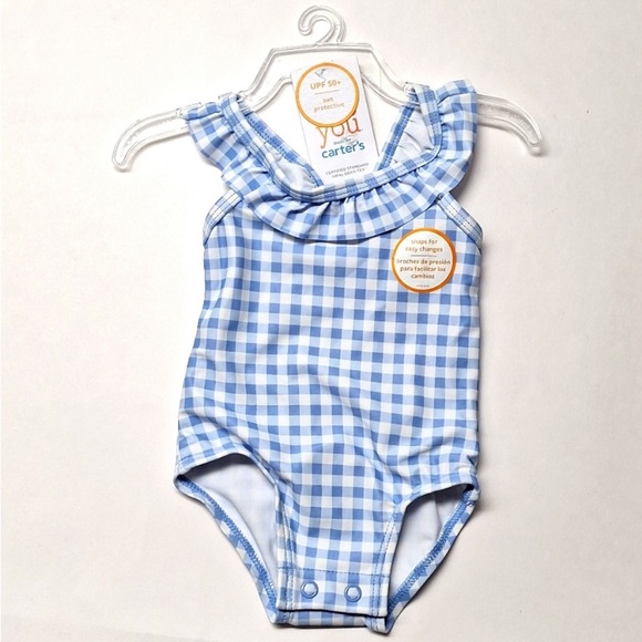 New! Carter's Baby Girl One Piece Swimsuit Blue Gingham Plaid Ruffle & Bow - Picture 2 of 7
